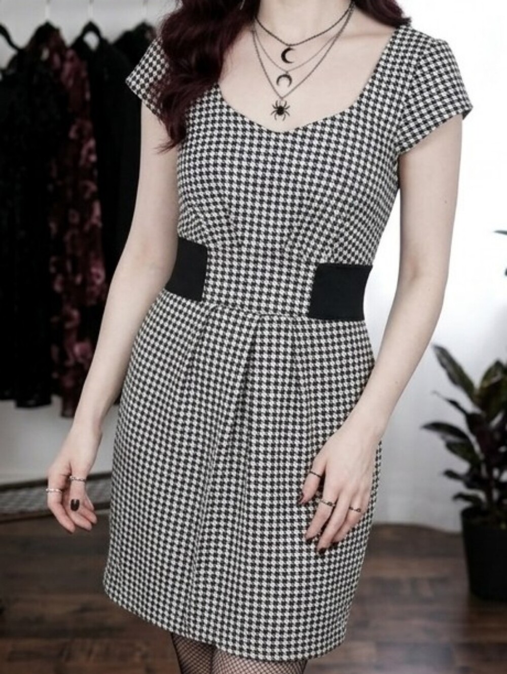 [[AS]] Women's Black & White Houndstooth Banded Dress